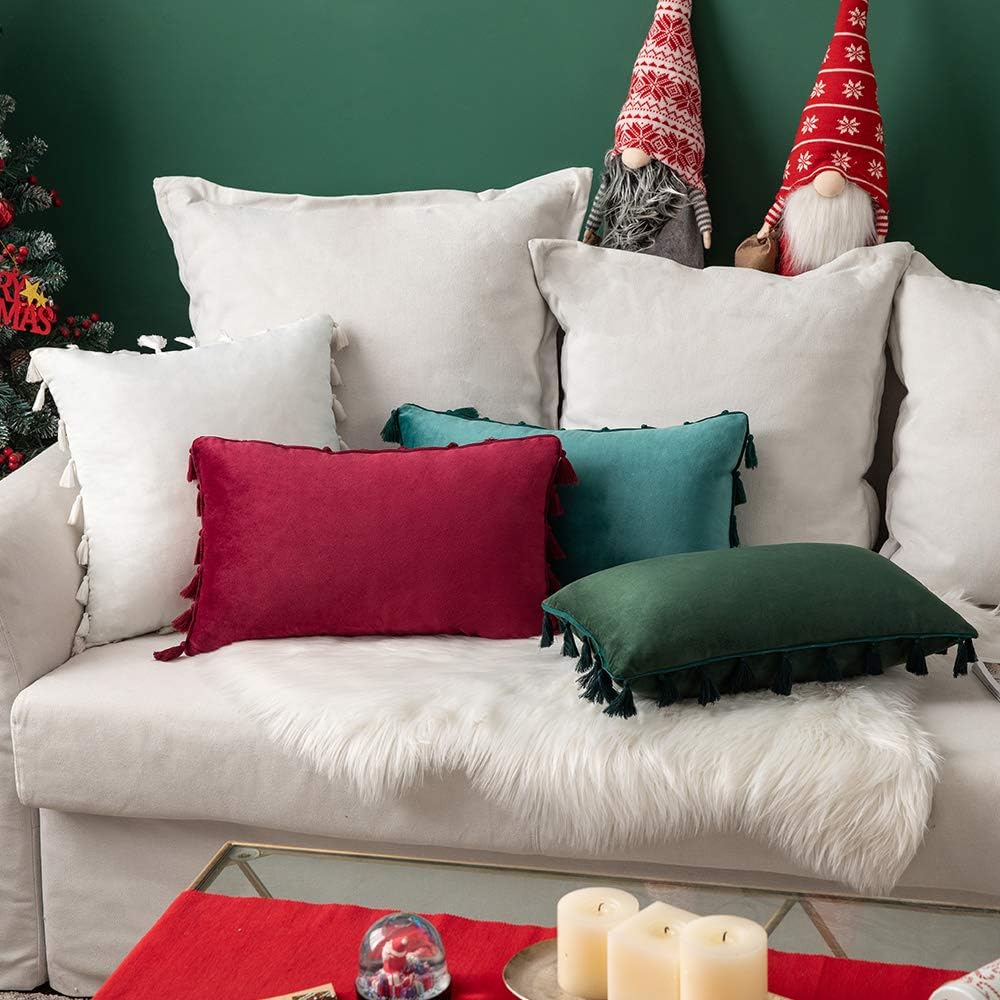 MIULEE – Paquete de 2 fundas de cojín decorativas lisas, de terciopelo suave con borlas y flecos, decoración bohemia para sillón, cama, sofá, de