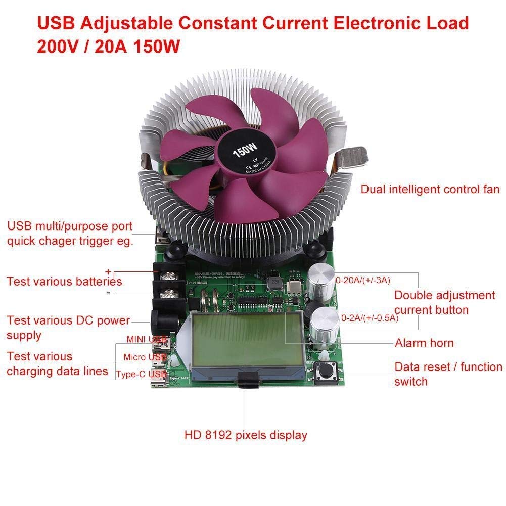Probador de batería USB ajustable de corriente constante de carga electrónica módulo de probador de capacidad de batería 150W 200V 20A Probador de