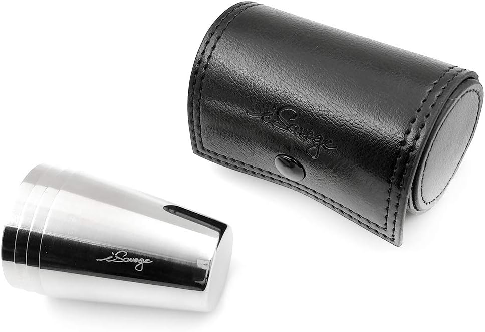 iSavage Vasos de chupito con funda de cuero negro de 1.2 onzas cada juego de 4 vasos de acero inoxidable 188, 1 bolsa reutilizable – YM201