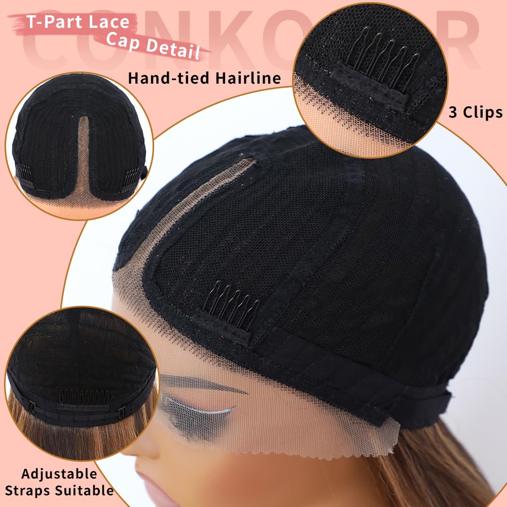 Pelucas de encaje frontal sintético lacio marrón, sin pegamento, línea de cabello natural, con reflejos marrones, pelucas de encaje sintético marrón