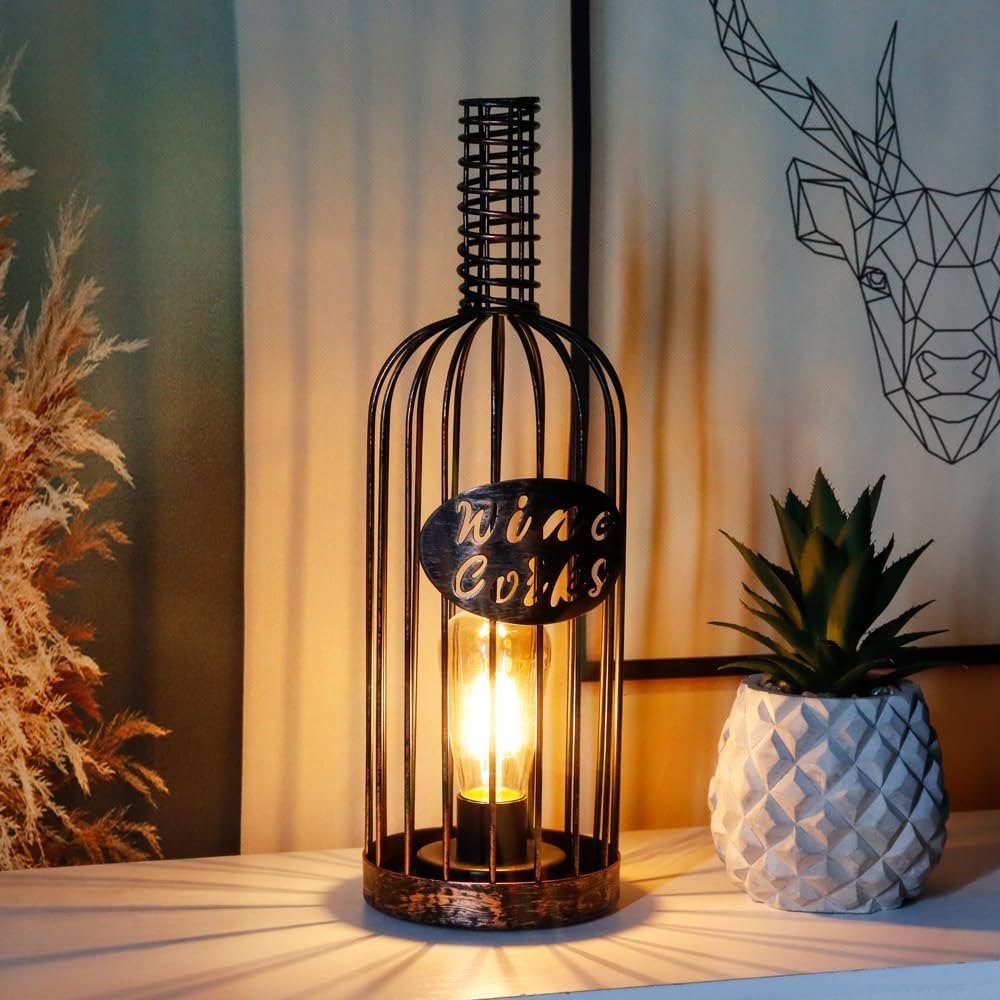 JHY DESIGN Lámpara de mesa decorativa que funciona con pilas, 13.5 pulgadas de alto, inalámbrica, de metal, botella de corcho de vino, con