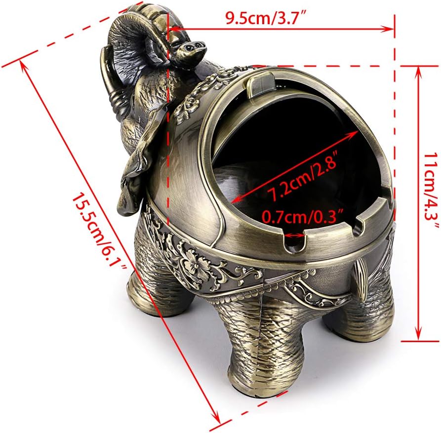 Hipiwe Cenicero de elefante resistente al viento con tapa, soporte de cenicero de metal de escritorio para uso en interiores o exteriores, bandeja