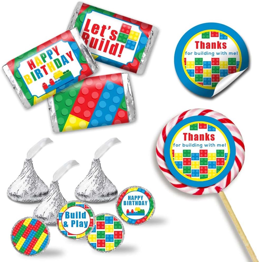 Kit de calcomanías para fiesta de cumpleaños de bloques de construcción y ladrillos, 429 piezas. Incluye 60 calcomanías circulares de 2 pulgadas
