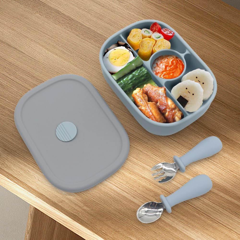 PandaEar Lonchera Bento de silicona para niños pequeños, lonchera de grado alimenticio a prueba de fugas, apta para microondas y lavavajillas (azul)