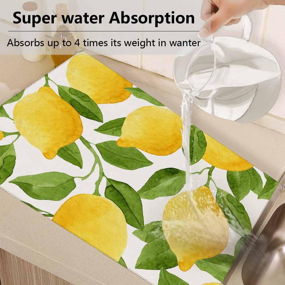 Beabes Tapete de secado de platos de pintura de limón, tapete de secado amarillo para encimera de cocina, 18 x 24 pulgadas, tapete plegable de
