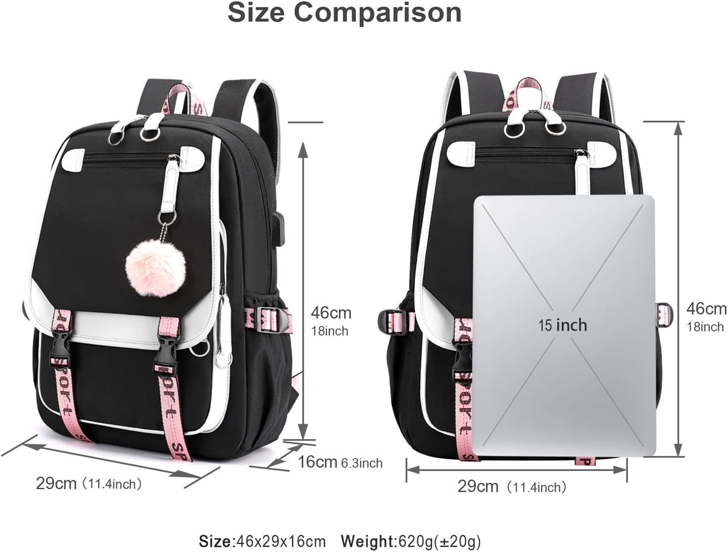Bolsa de libros con puerto de cargador USB, bolsa casual para computadora portátil, mochila de viaje con gráficos de anime, blanco2, Mochilas Daypack
