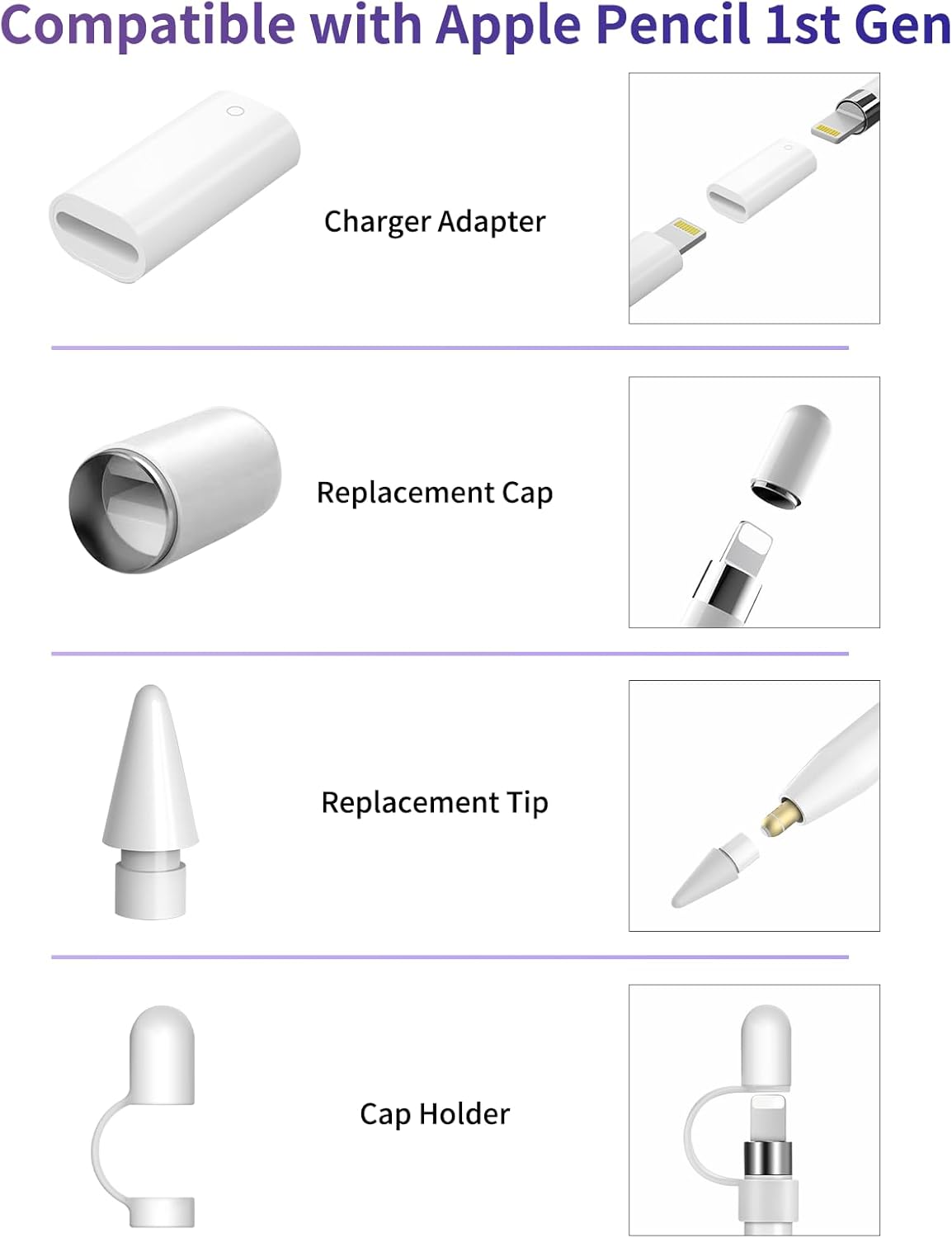Tapa magnética, adaptador de carga, punta de repuesto y soporte para tapa, compatible con Apple Pencil 1 generación