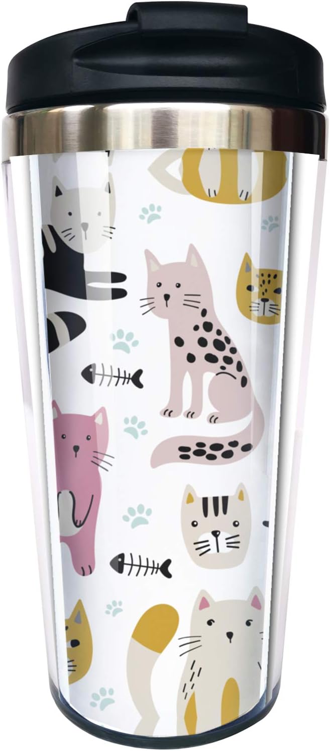 NVJUI JUFOPL Cute Cats – Taza de café de acero inoxidable con tapa abatible de 14 onzas, divertida taza de café para viajes, oficina en casa