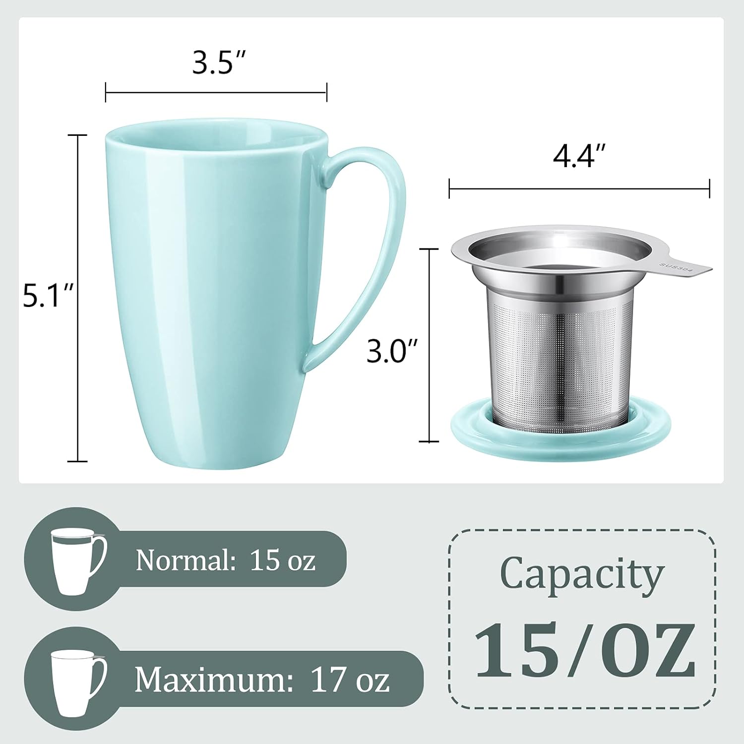 Yedio Taza de té de porcelana con infusor y tapa, taza de té de 15 onzas con filtro para té, leche, café, infusores de té de hojas sueltas, turquesa