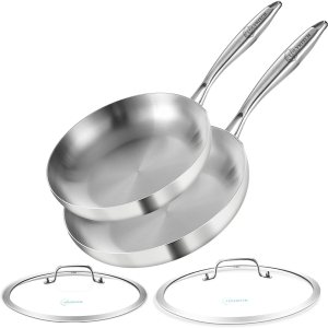 Sartén de chef de acero inoxidable de tres capas de 10 a 12 pulgadas, juego de sartenes con tapas, sartenes, utensilios de cocina de inducción, Sartén de chef de acero inoxidable de tres capas de 10 a 12 pulgadas, juego de sartenes con tapas, sartenes, utensilios de cocina de inducción,