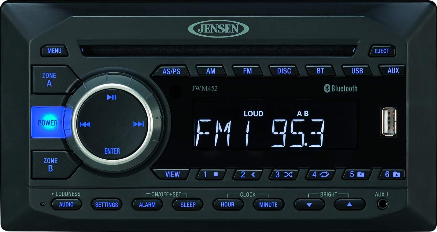 Jensen JWM452 – Zonas de 2 altavoces AMFMDVDBT  AUX  USB estéreo de montaje en pared, USB frontal con reproducción de MP3WMA, ranura DVDCD-RRW y MP3