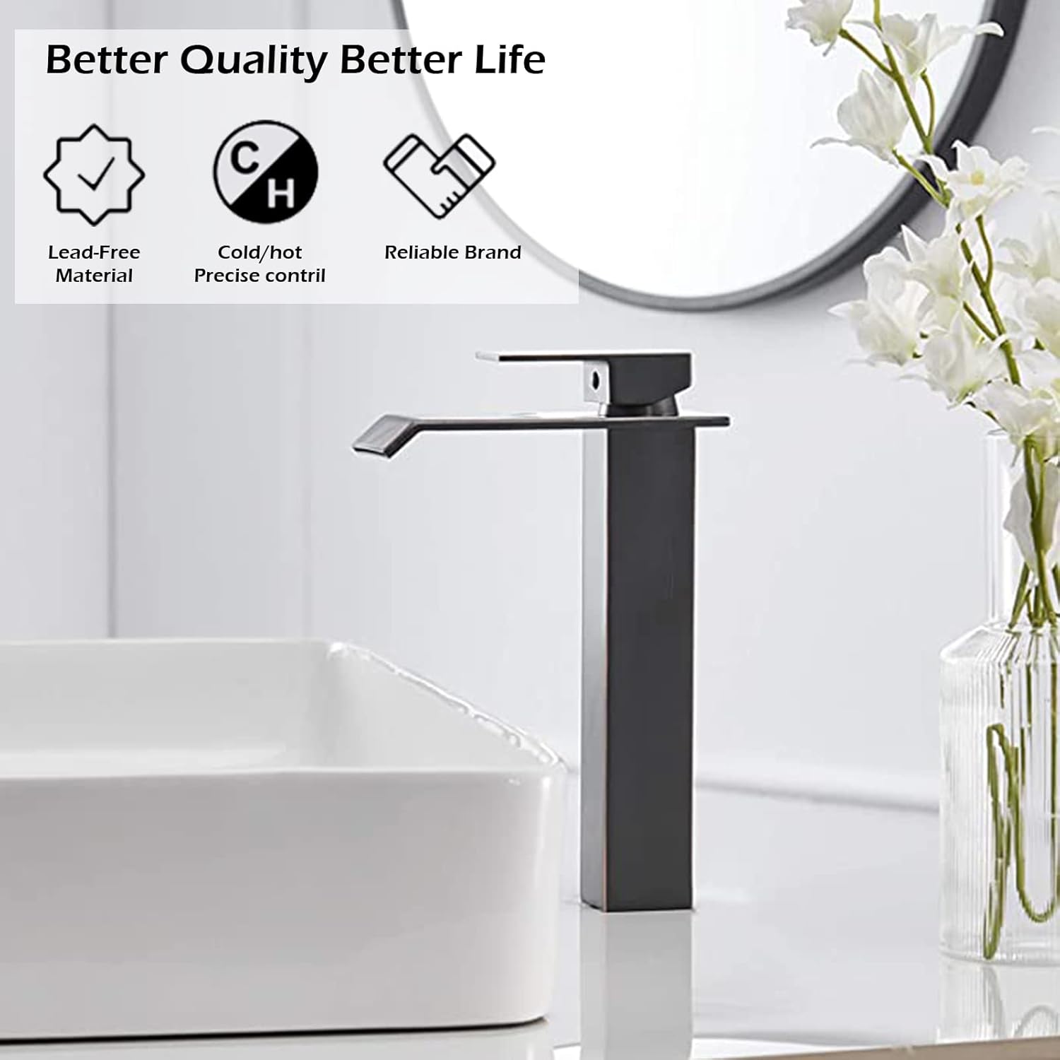 Grifo de lavabo de bronce aceitado cascada grifo de baño alto moderno grifo de lavabo de una sola manija, con montaje de drenaje