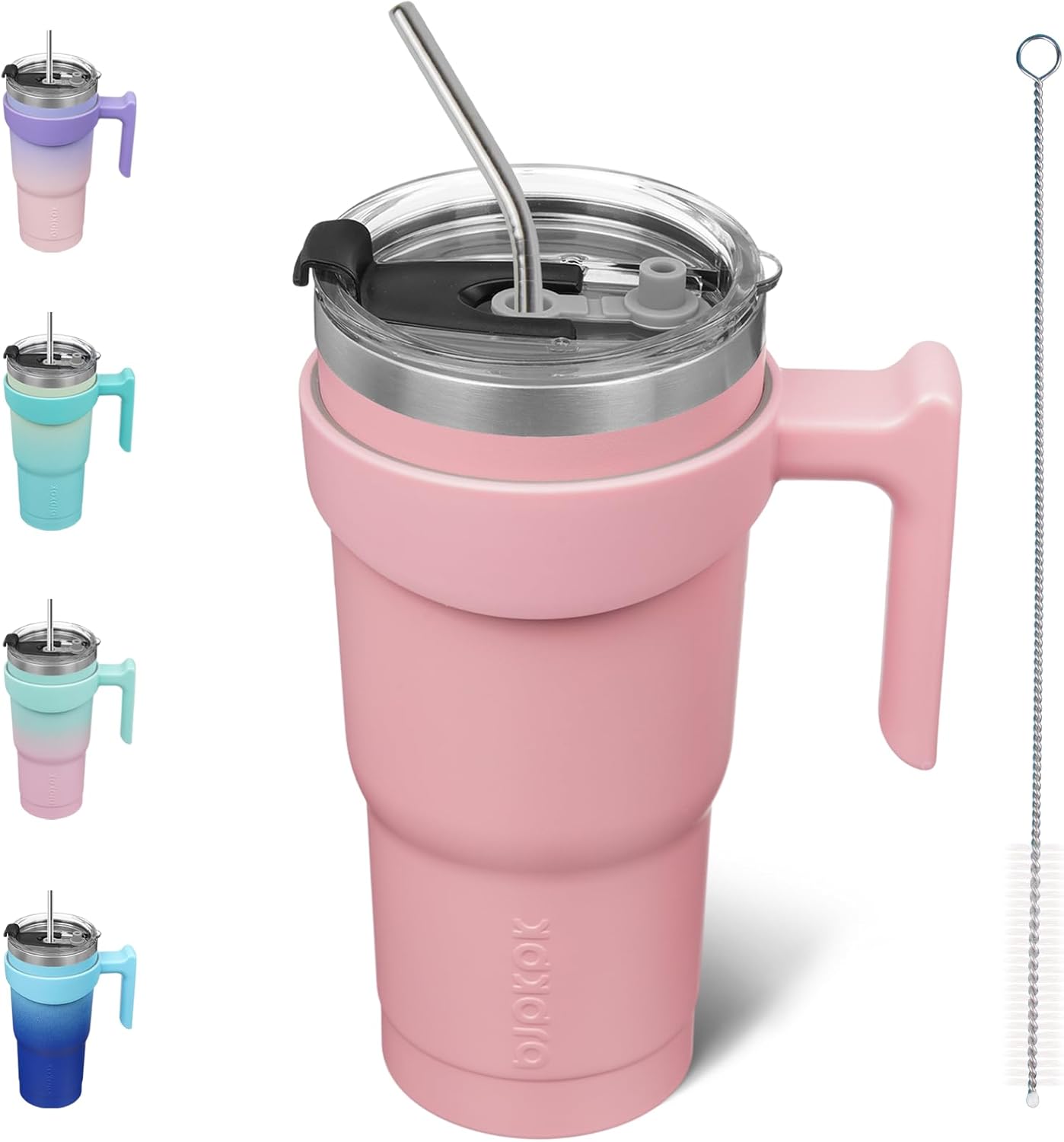 BJPKPK Vaso con asa de acero inoxidable de 20 onzas, con aislamiento de doble pared, con tapa y pajita, color rosa claro