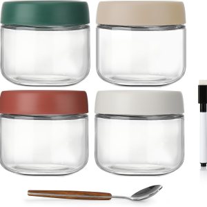 DIMBRAH Tarros de vidrio de 10 onzas con tapas, juego de 4, recipientes de avena con tapas, práctico recipiente de avena para llevar, tarros de DIMBRAH Tarros de vidrio de 10 onzas con tapas, juego de 4, recipientes de avena con tapas, práctico recipiente de avena para llevar, tarros de