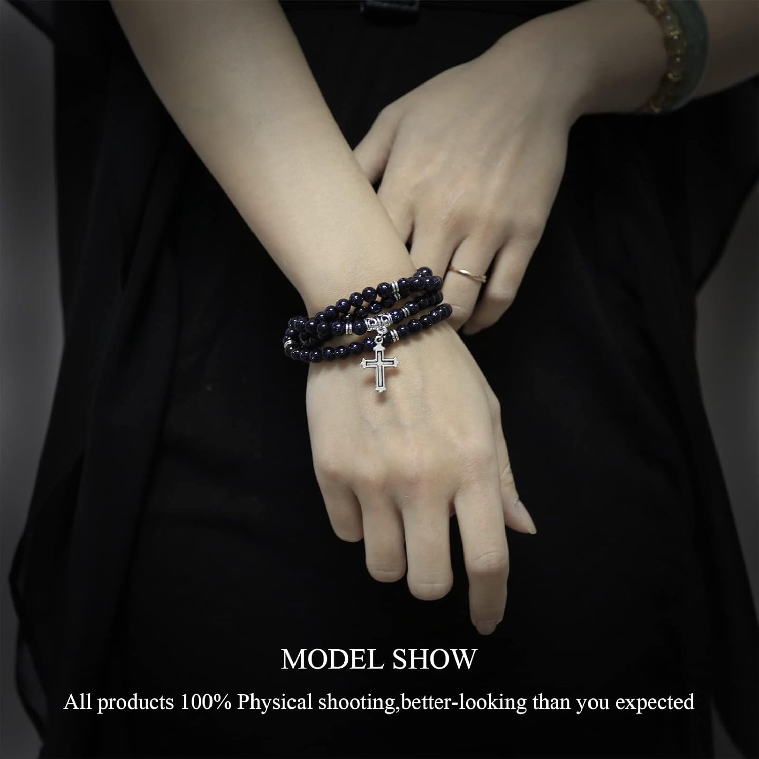 KS-WORKSHOP 108 Beads 6MM Wrap Bracelet for Women Handmade Stretch Long Chain Quality Stone Black Blue Sandstone Beaded Girls Charm Christ Pendant