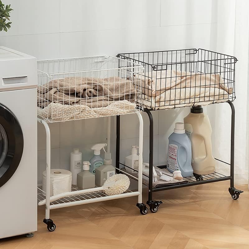 Cesta para almacenamiento de ropa, fácil de mover con ruedas tiene freno, cesta de lavandería, color blanco, cesta rodante (NEGRO)