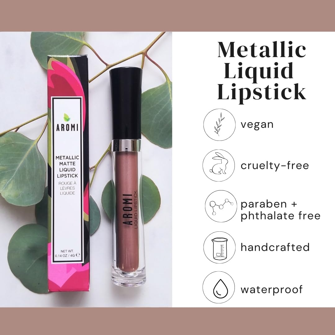 Aromi Lápiz labial líquido metálico, a prueba de manchas y manchas, de larga duración, marrón claro, color de labios nude con acabado brillante,
