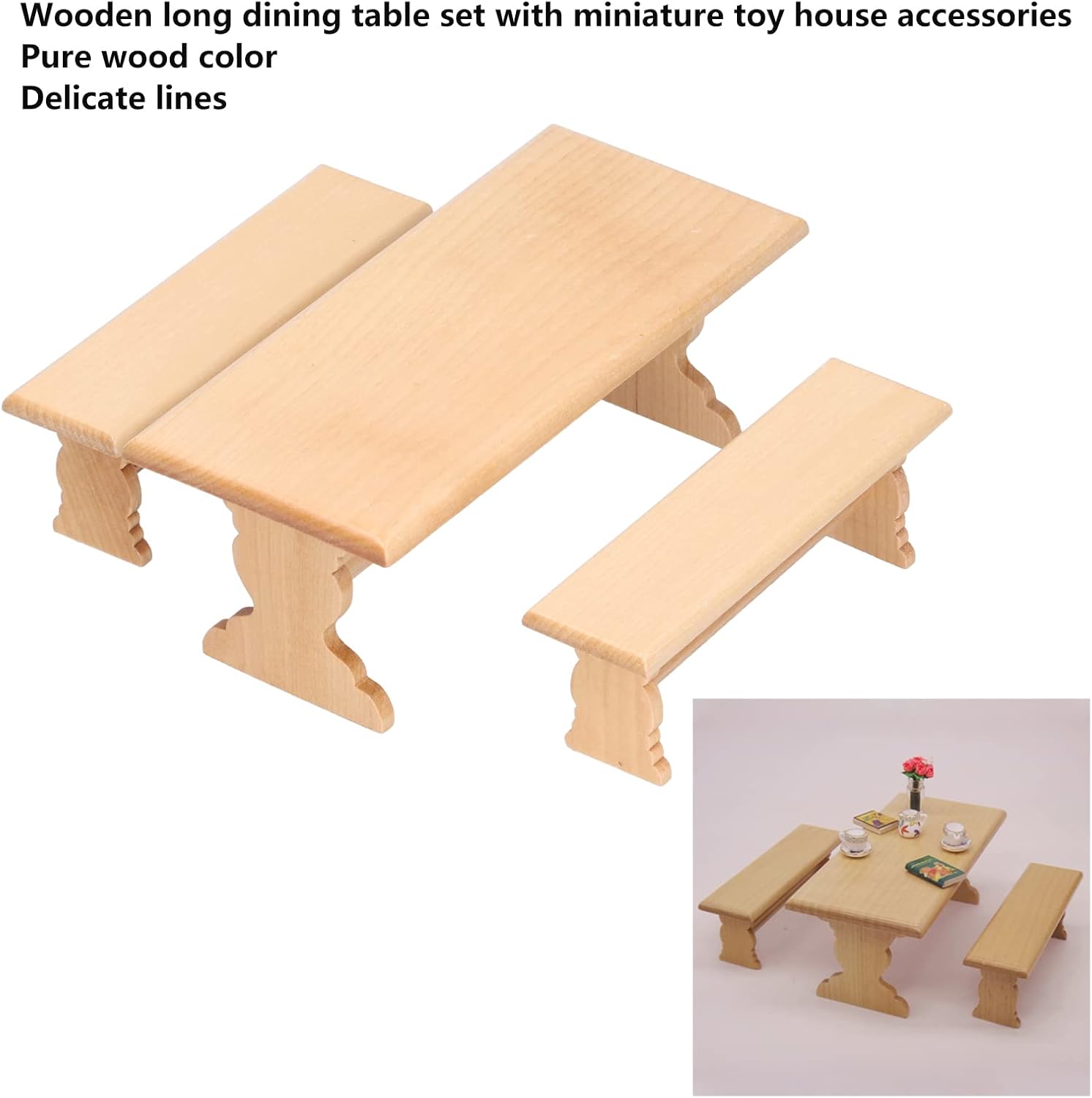 Mesa de madera para casa de muñecas, casa de muñecas 112, modelo de muebles de color de troncos, banco de mesa largo para restaurante (color madera)