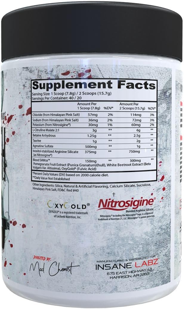 Insane Labz Saw Bloodbath, Non-Stim Pump – Polvo de preentrenamiento con Nitrosigine, OxyGold, sulfato de agmatina, L-citrulina y betainne anhidra,