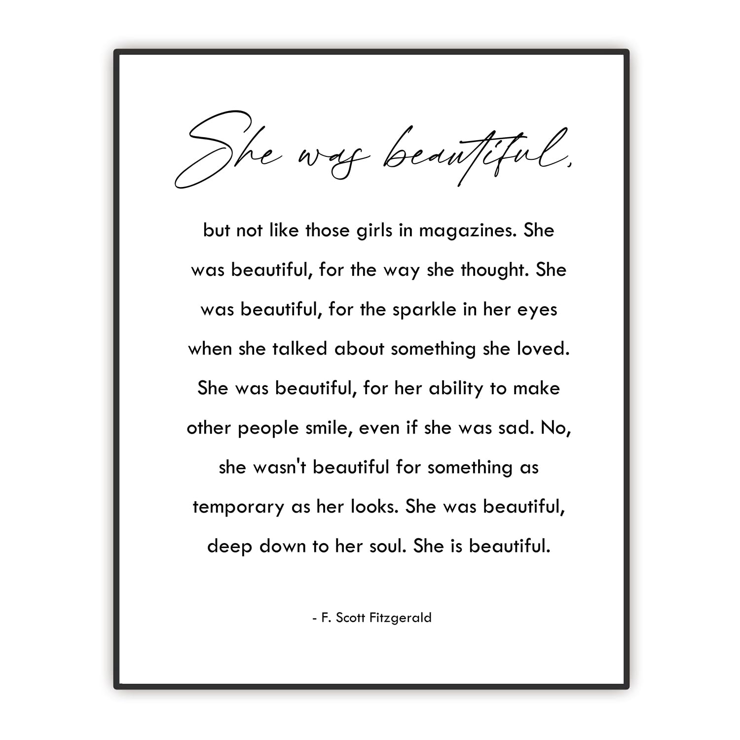 She Was Beautiful – F. Scott Fitzgerald Quote Wall Art – Encouragement Gift for Women Teen Girl Daughter Friends – Inspirational Poster- Minimalist