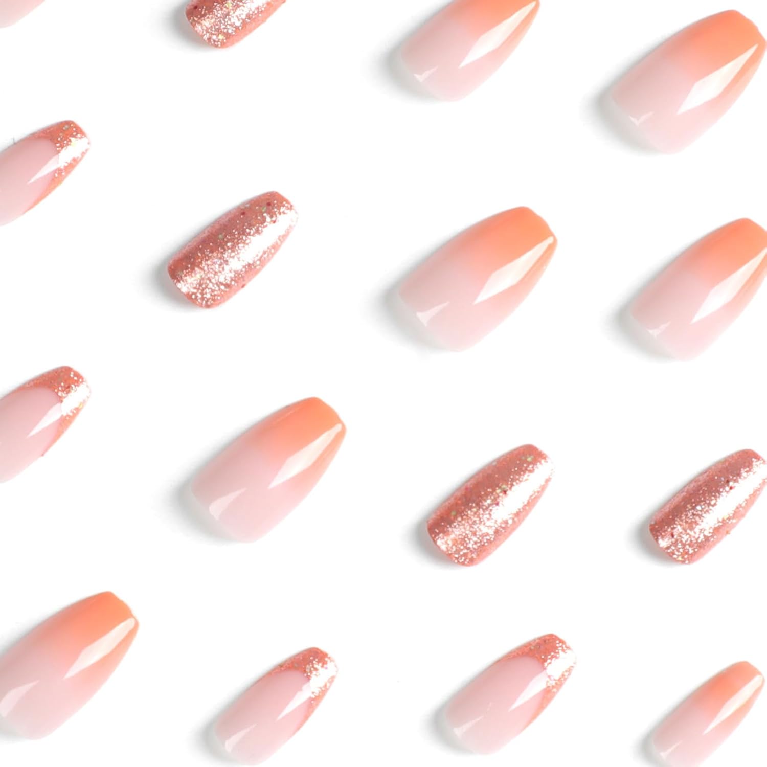 Uñas postizas de punta francesa a presión, uñas postizas medianas con pegamento color naranja degradado, uñas acrílicas de cobertura completa con