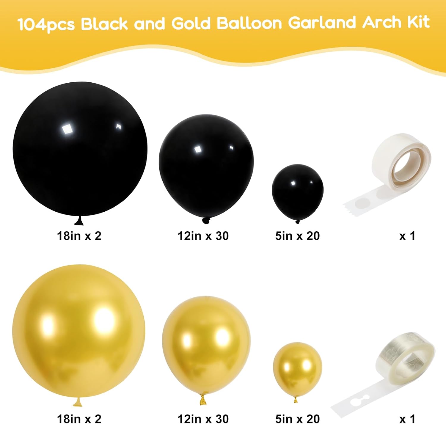 RUBFAC Kit de guirnalda de arco de globos negros y dorados, juego de globos de látex de 18125 pulgadas para fiesta de cumpleaños, boda, graduación,