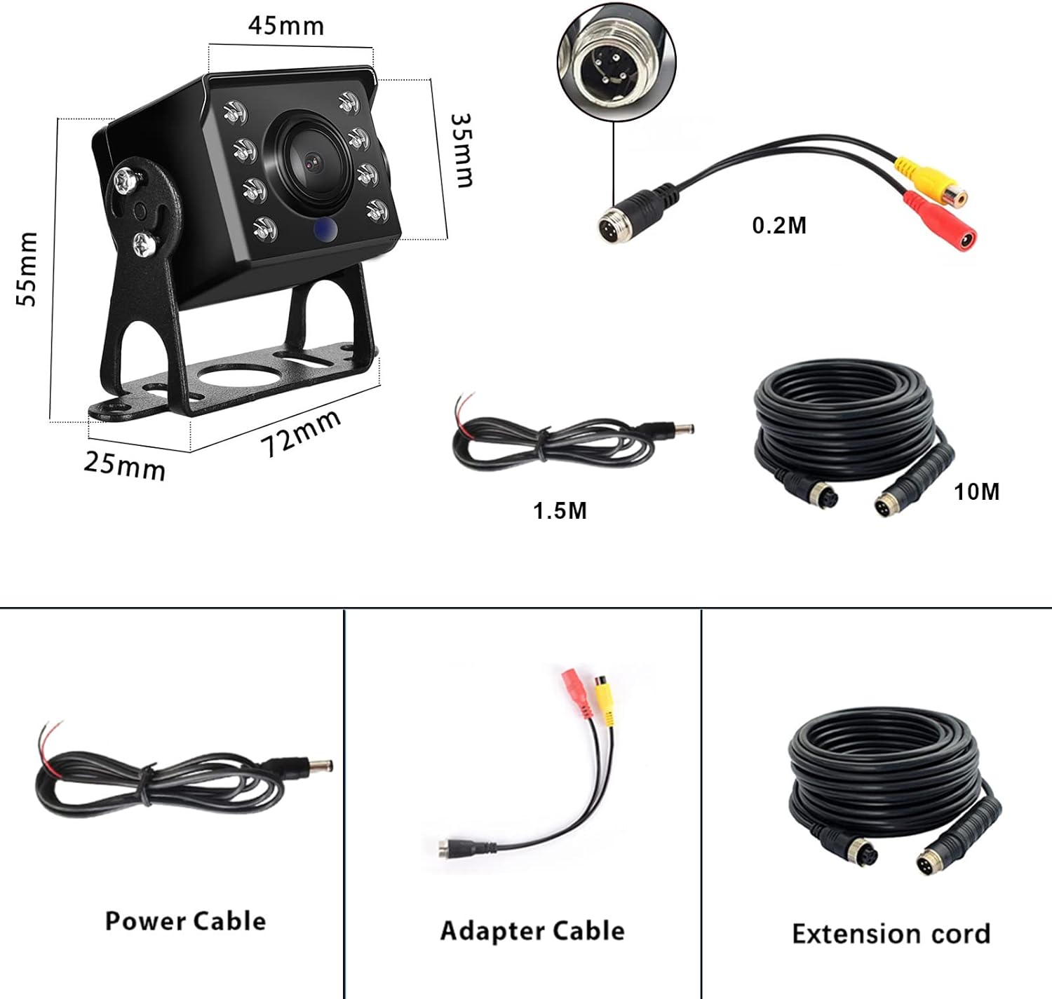Cámara de respaldo AHD y CVBS Cable de 4 pines + conector RCA, Hodozzy IP69 impermeable cámara de visión trasera para automóvil, visión nocturna,