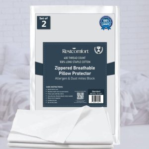 Paquete de 2 fundas de almohada transpirables con cremallera, 400 hilos, 100% algodón de fibra larga, bloqueo de alérgenos y ácaros del polvo Paquete de 2 fundas de almohada transpirables con cremallera, 400 hilos, 100% algodón de fibra larga, bloqueo de alérgenos y ácaros del polvo