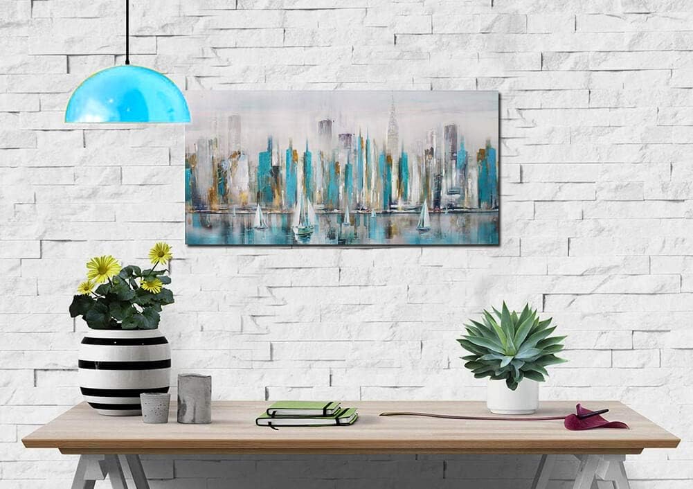 Pogusmavi Lienzo abstracto grande del río Manhattan para decoración de pared, diseño moderno de la ciudad de Nueva York, para sala de estar,