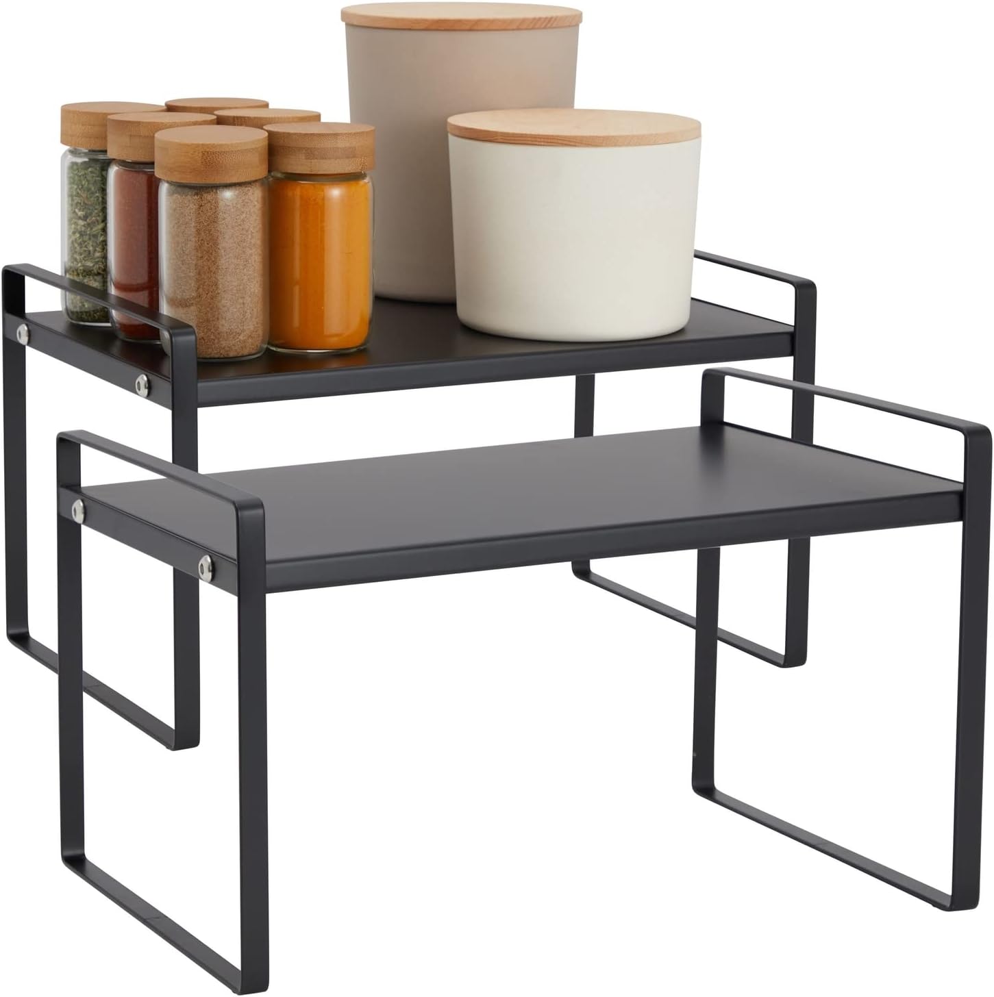 Juvale Paquete de 2 organizadores de estantes negros para gabinetes de cocina, estantes apilables para almacenamiento de cocina, elevador de metal