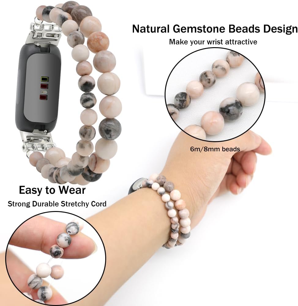 C&L Accessories Bracelets Compatible with Fitbit Inspire 3 Bands for Women Beaded Wristband Adjustable Gemstone Replacement Straps