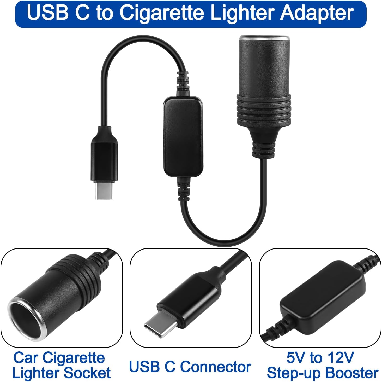 Cable de alimentación USB C a encendedor de cigarrillos, cable de alimentación USB C macho a 12 V, cable convertidor hembra para grabadora de