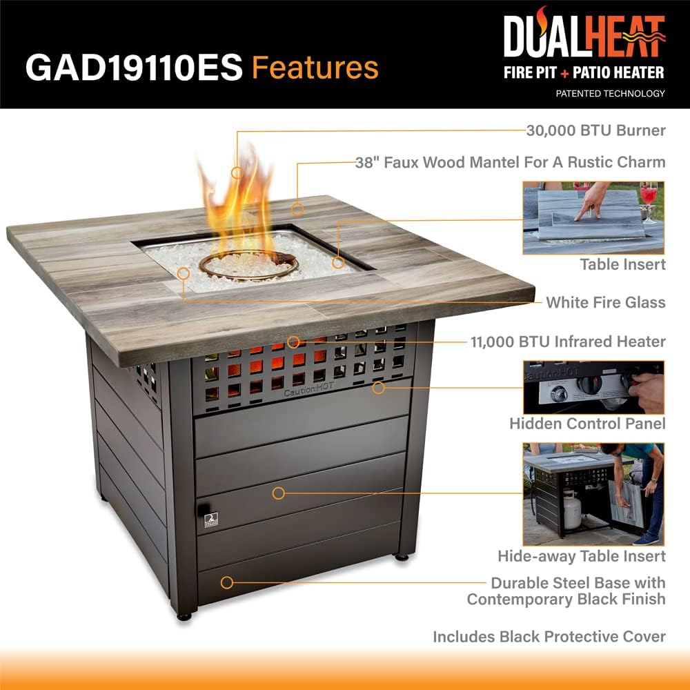 Hayden – Fogata cuadrada de gas de doble calor gris de 38 pulgadas
