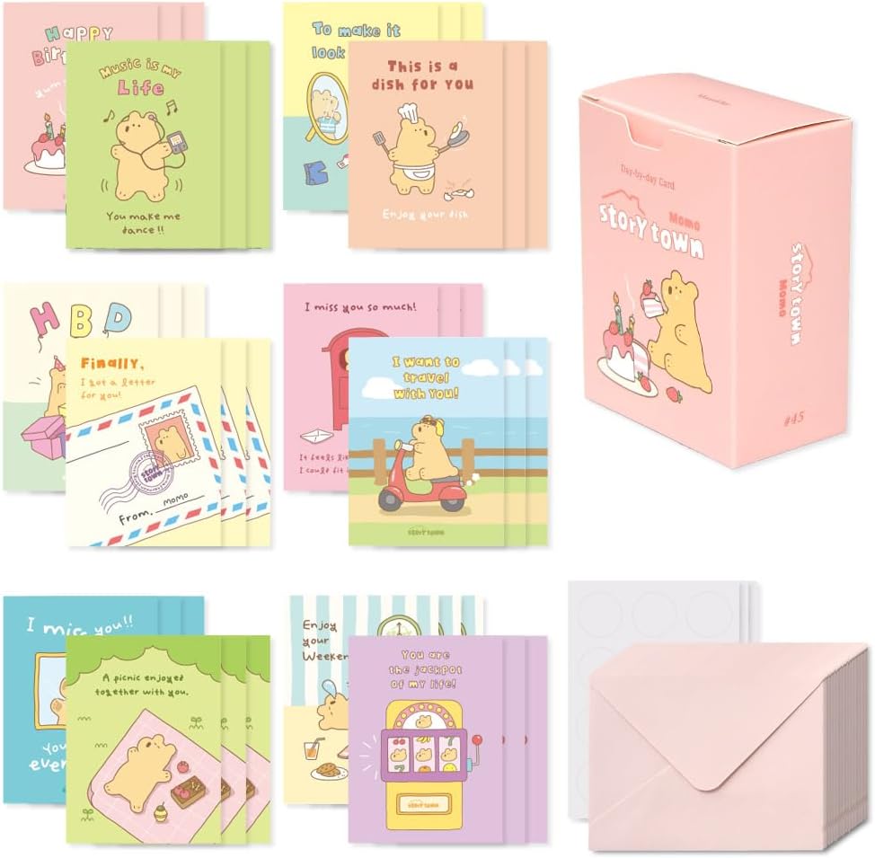 Monolike Tarjeta Día a día, Storytown Momo – Mezcla de 36 mini tarjetas individuales, 36 sobres, 36 pegatinas Paquete