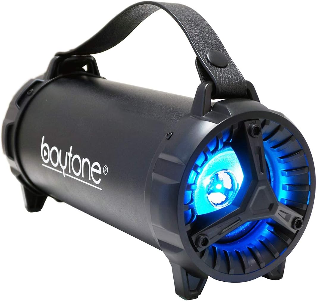 Boytone BT-40BK Altavoz portátil Bluetooth para interiores y exteriores, 2.1, cilindro de alta fidelidad, con tarjeta sub y SD incorporada de 2 x 3,