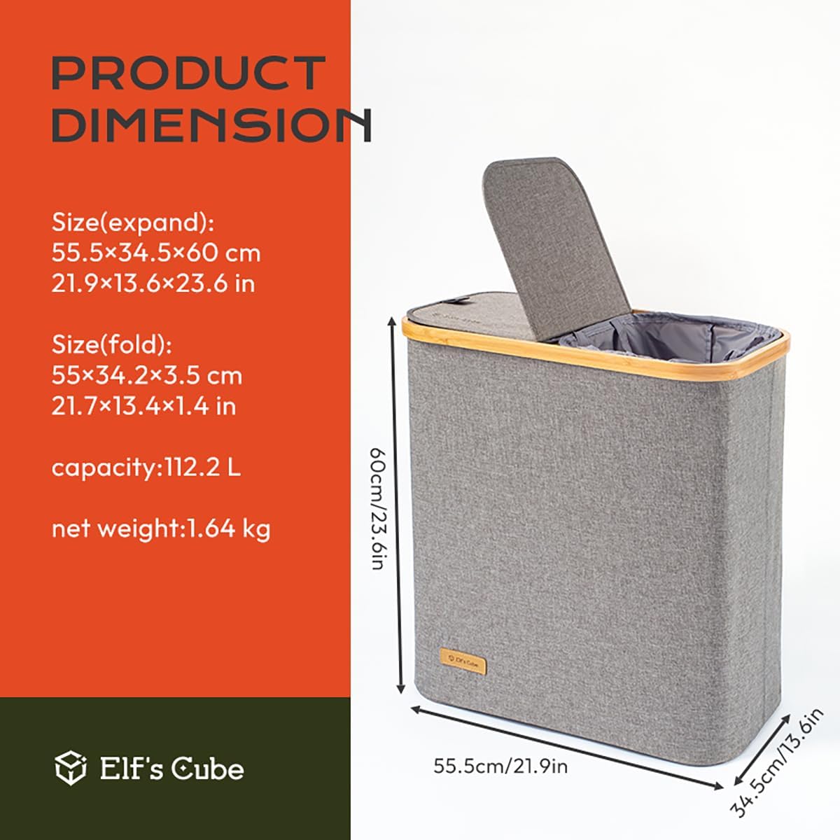 Elf’s Cube Cesta de lavandería doble gris con tapa, cesta de lavandería plegable, cesta de lavandería extraíble para dormitorio, baño, cuarto de