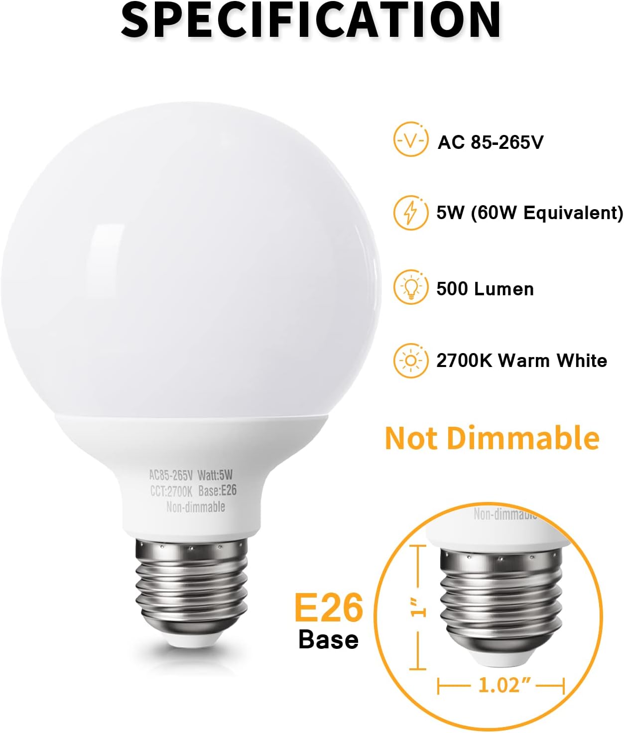 Paquete de 8 bombillas LED de color blanco cálido para baño, 120 V 60 vatios equivalentes, base mediana E26, bombillas redondas de tocador,