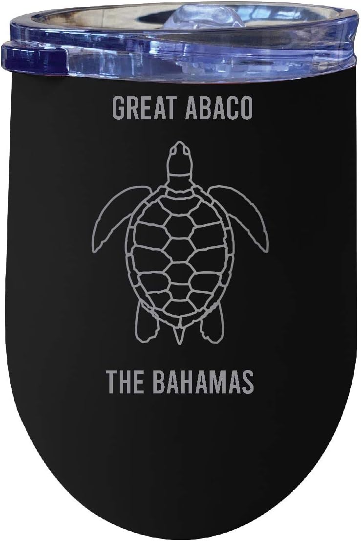 R and R Imports Great Abaco The Bahamas Souvenir 12 oz Negro Grabado Láser Vino Aislado Acero Inoxidable Diseño Tortuga