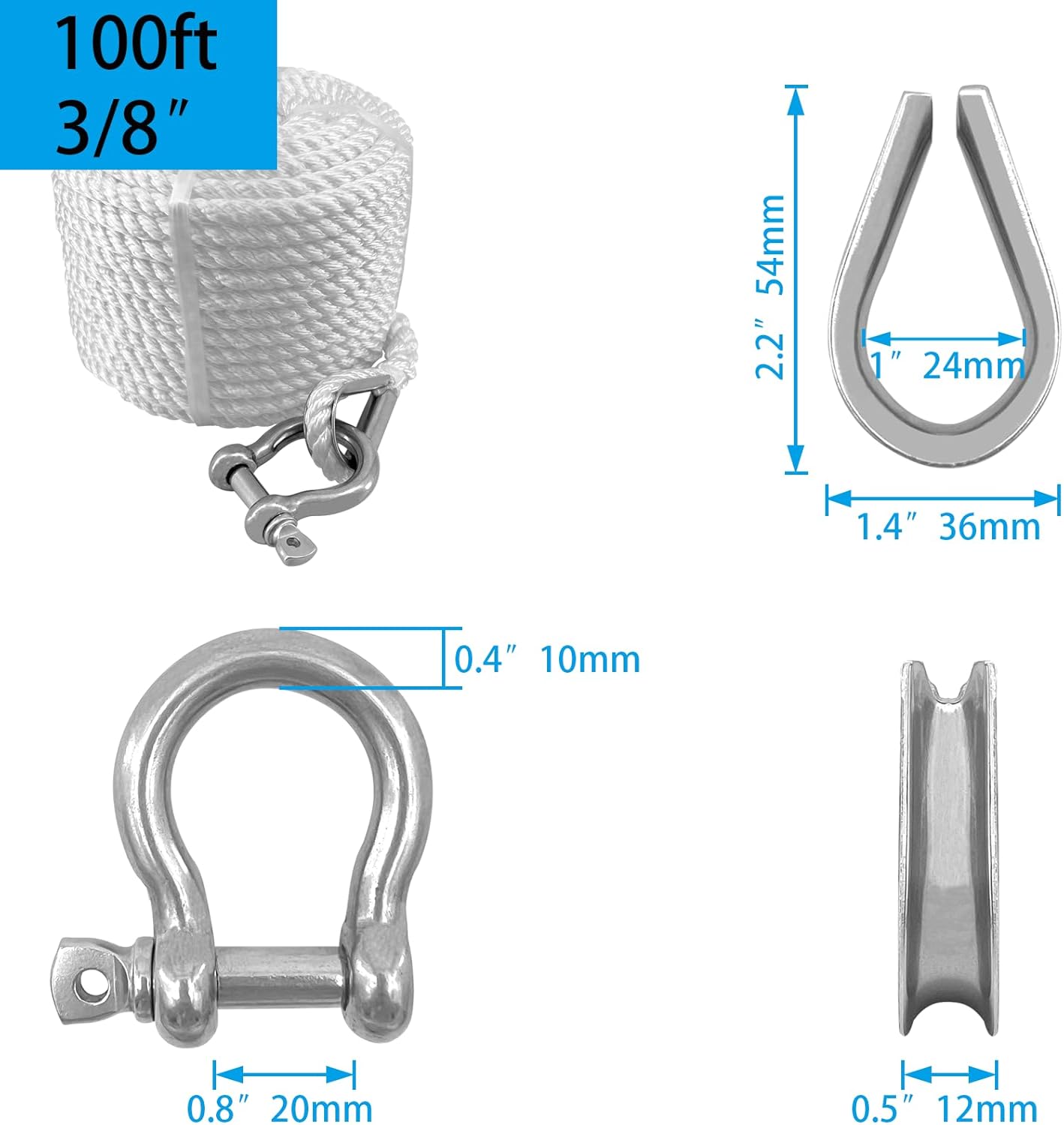 ISURE MARINE Cuerda de anclaje de nailon trenzado sólido (38″ x 100′) Cuerda de anclaje para barco con dedal y grillete de acero inoxidable
