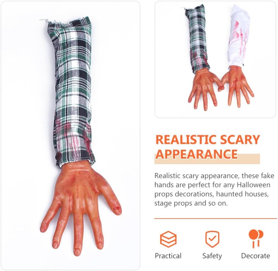PRETYZOOM 2 piezas de brazo falso de Halloween, manos ensangrentadas rotas, partes del cuerpo de mano dividida, accesorios de miedo, broma para casa