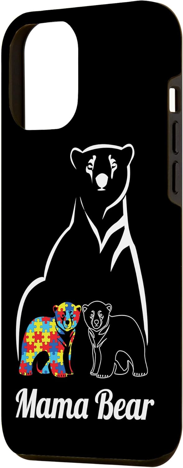 Funda para iPhone 14 Pro Max para concientización sobre el autismo, mamá oso, mamá y niño