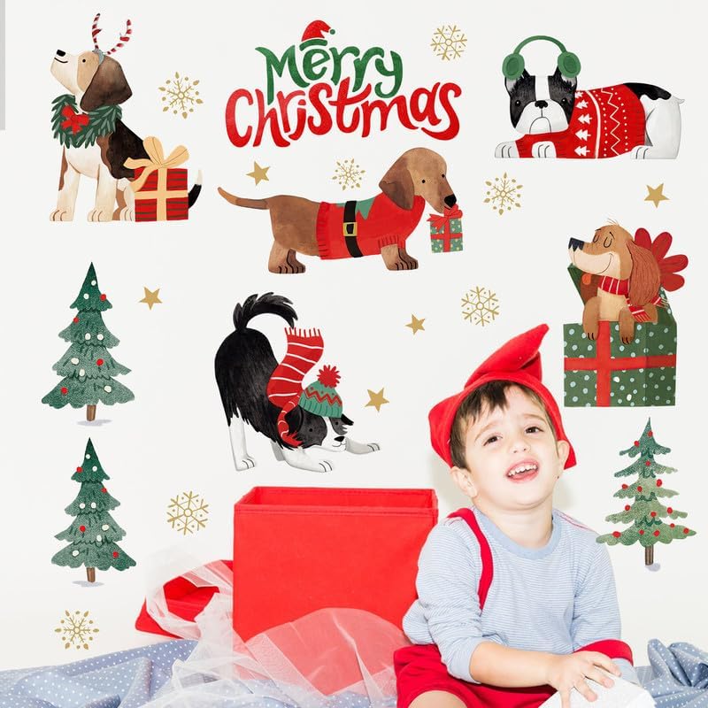 Yovkky Calcomanías de pared de perro de Feliz Navidad, árbol de Navidad, Golden Retriever cachorro 2024, regalo de Año Nuevo, decoración del hogar,