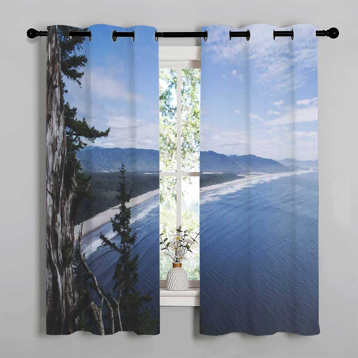 YANFENQI Cortinas para Habitacion Beach View Coastline Door Sound Barrier Currains 63Inch Width by 63Inch Length,2 Panels