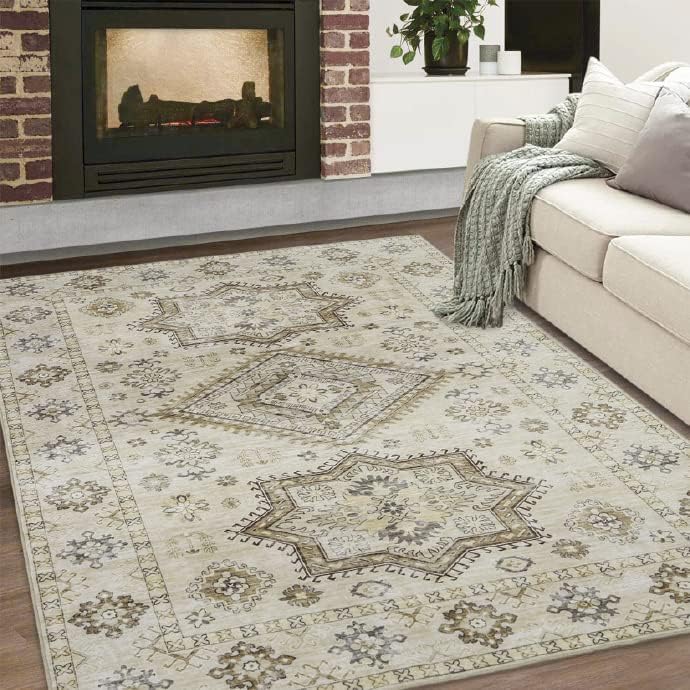 Fashionwu Alfombra bohemia de 5 x 8 pies, estilo oriental para dormitorio, tapete de baño, medallón envejecido, lavable a máquina, alfombra estética