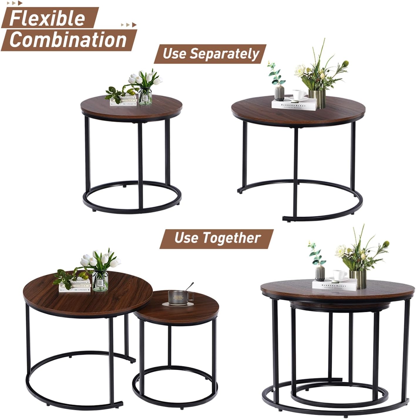 Mesa de centro anidable, mesas redondas anidables de 23.6 pulgadas, juego de 2, mesas decorativas apilables con marco de metal para sala de estar y