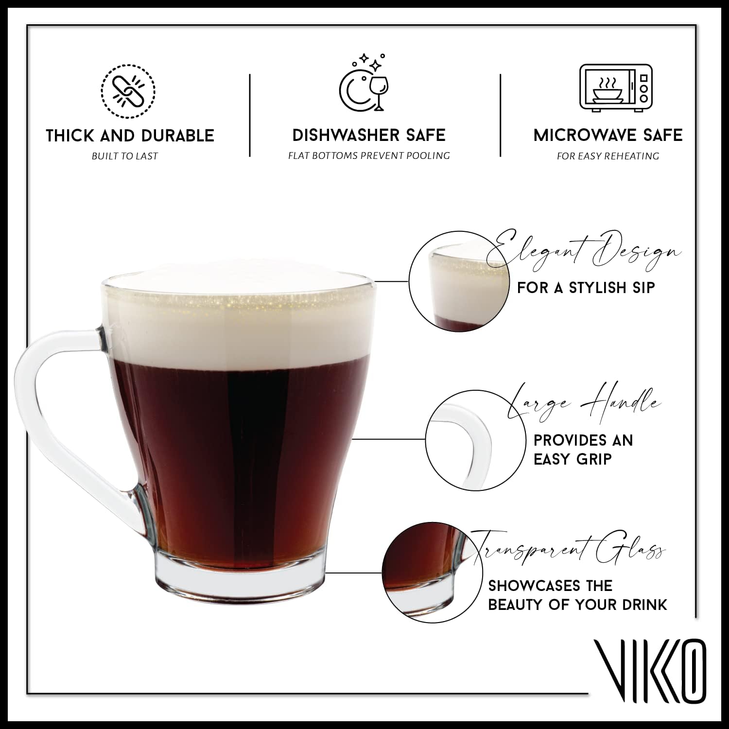 Vikko Tazas de café de vidrio de 9 onzas, gruesas y duraderas para café, té, sidra, ideales para bebidas en capas, aptas para microondas y