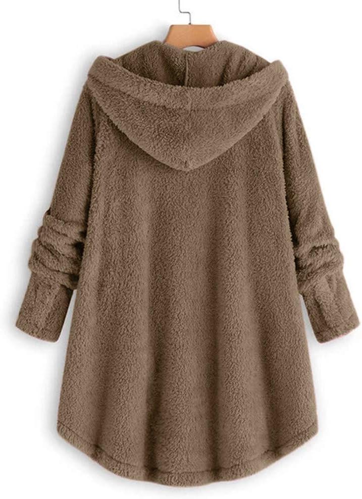 SNKSDGM Chaqueta de forro polar mullido para mujer, con capucha, botones, de longitud media, suave, lanudo y con bolsillos