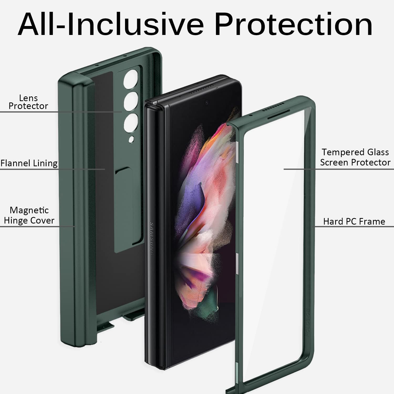 Miimall Funda compatible con Z Fold 3 con soporte para bolígrafo, protector de pantalla Z Fold 3, aleación con función atril magnética, bisagra