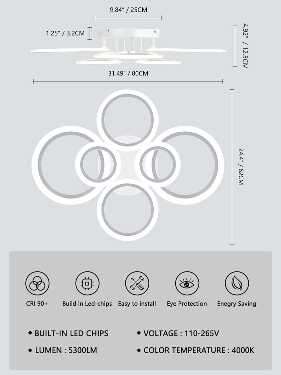 Lámpara de techo LED moderna, luz de techo blanca de 6 anillos, lámpara de techo de montaje empotrado de 4000 K para cocina, dormitorio, sala de