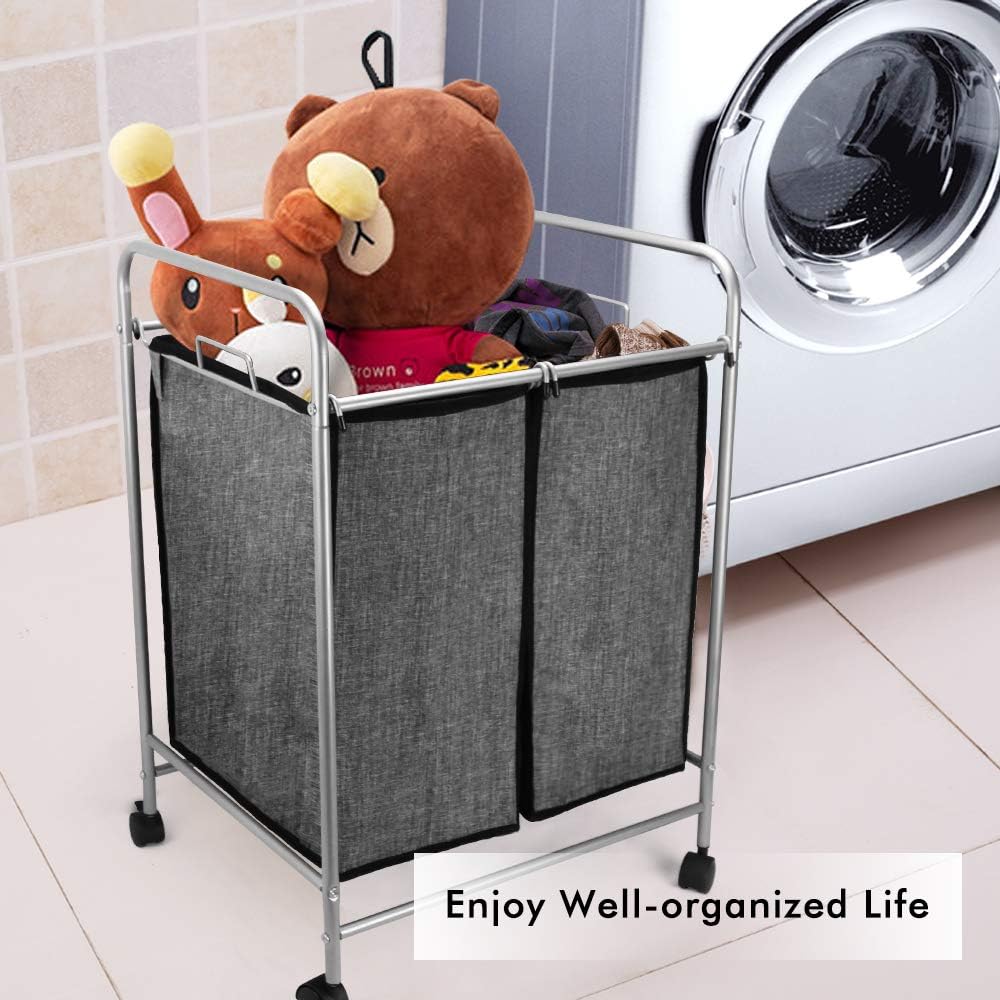 Carrito clasificador de ropa sucia resistente, 2 bolsas con ruedas enrollables, bolsas extraíbles, organizador de cesta de lavandería y contenedores